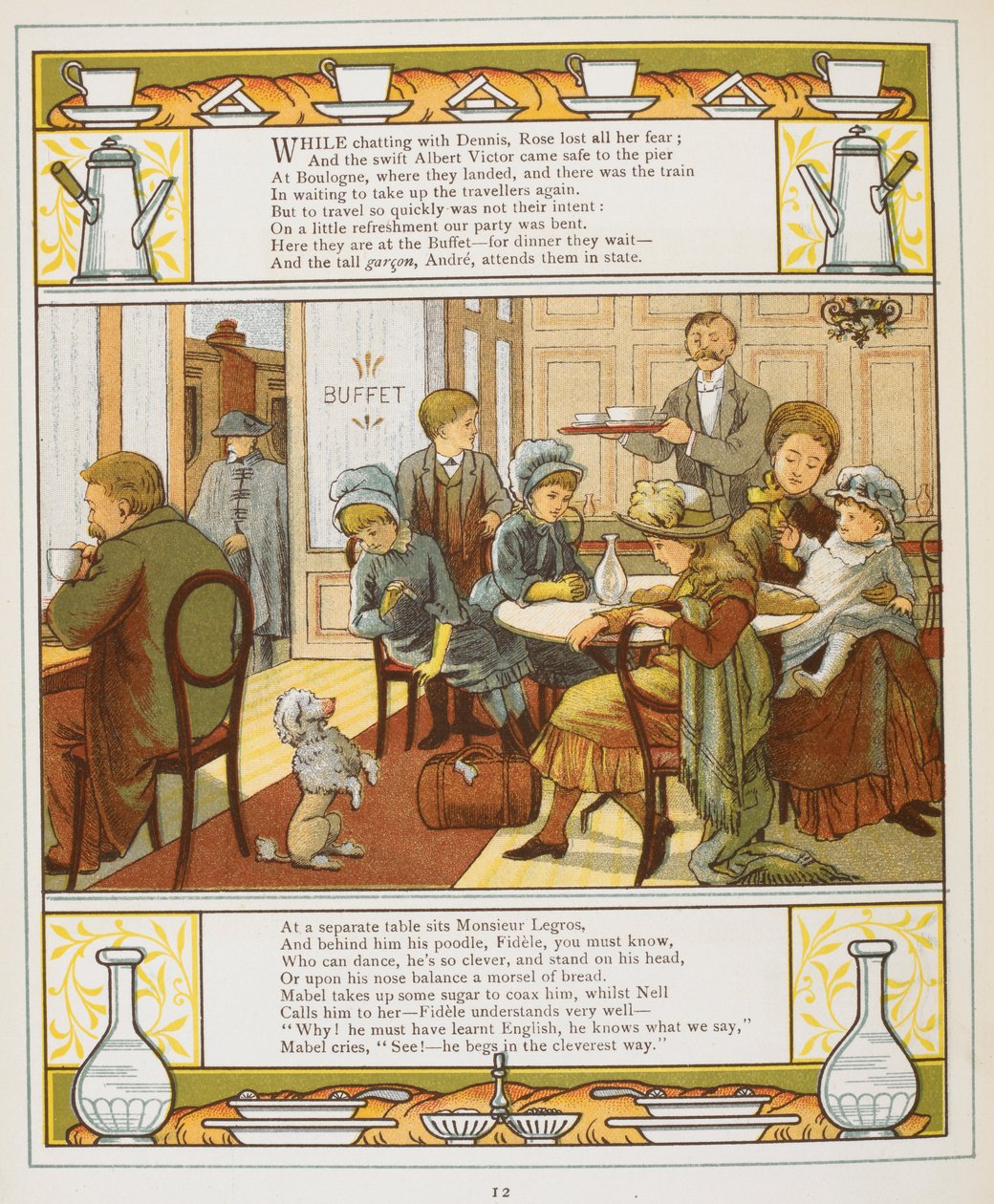 En familie med forfriskninger i en buffet. Farveillustration fra 