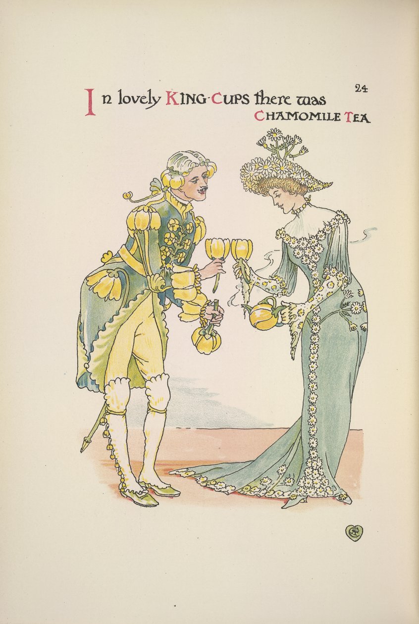 En mand og en kvinde holder kopper kamillete af Walter Crane
