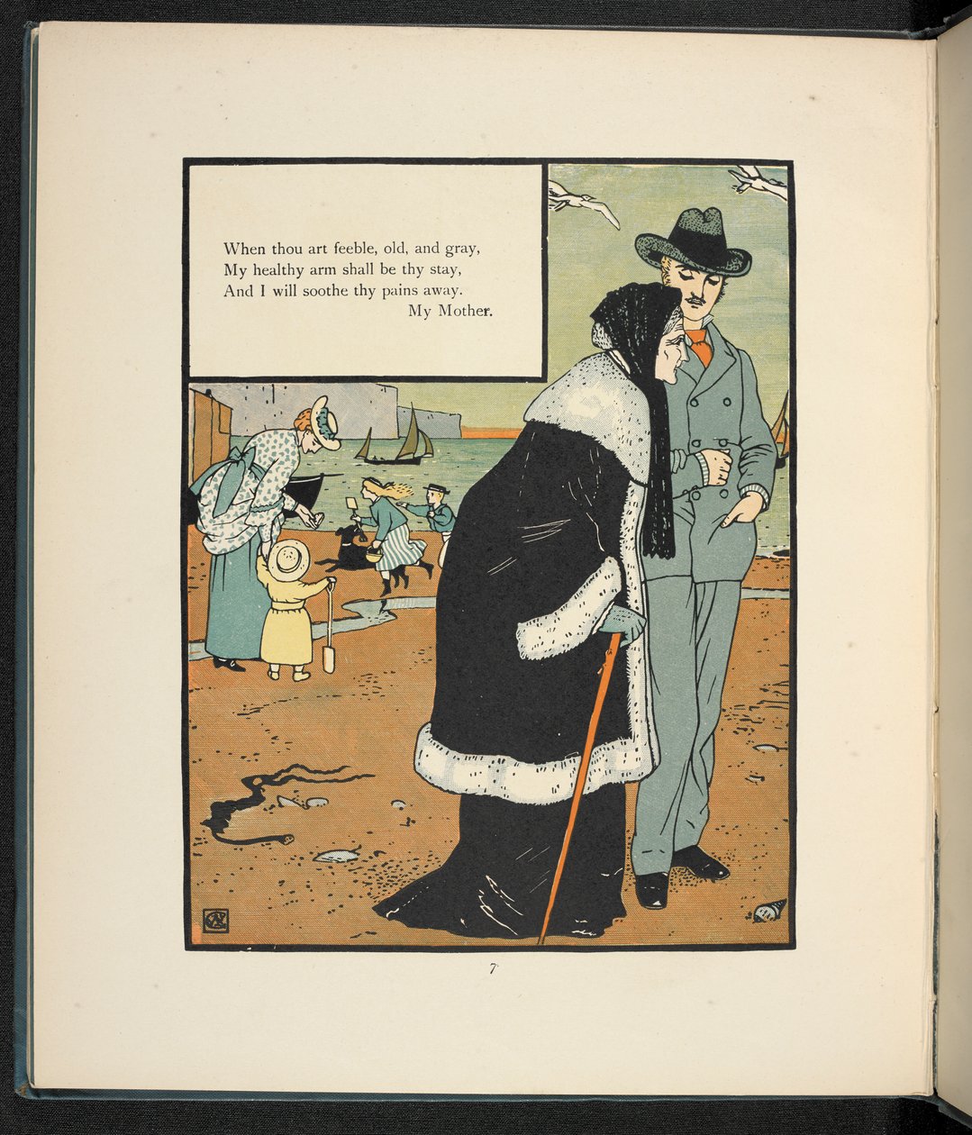 En mand med sin mor på en strand. af Walter Crane