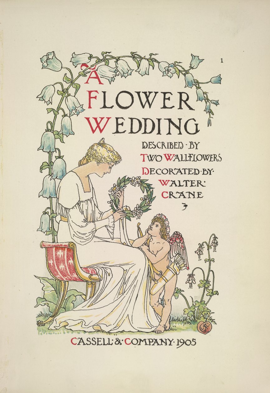 En siddende kvinde med en guirlande; en engel kigger op på hende af Walter Crane