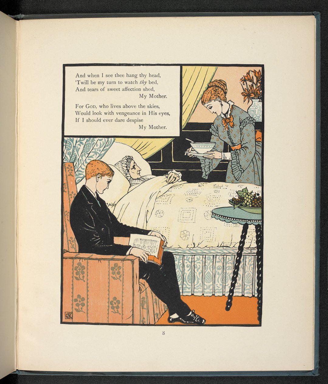 En ung mand sidder med sin mor, som ligger i sengen, og bliver fodret med noget suppe. af Walter Crane