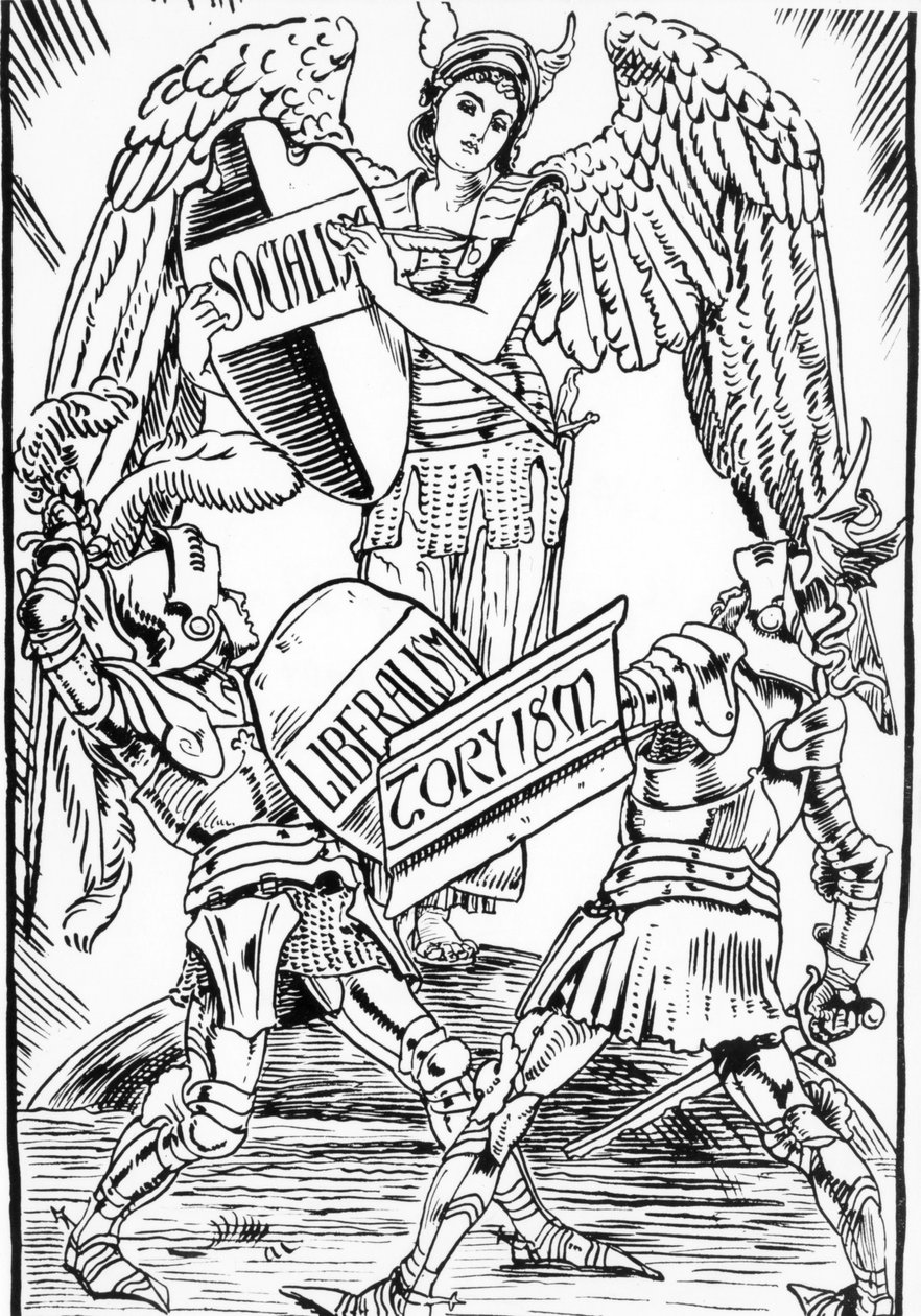 Allegori om Walter Crane: Socialismen sejrer hårdt i kampen mellem liberalisme og torysme (det engelske konservative parti). Stik fra slutningen af 1800-tallet. af Walter Crane