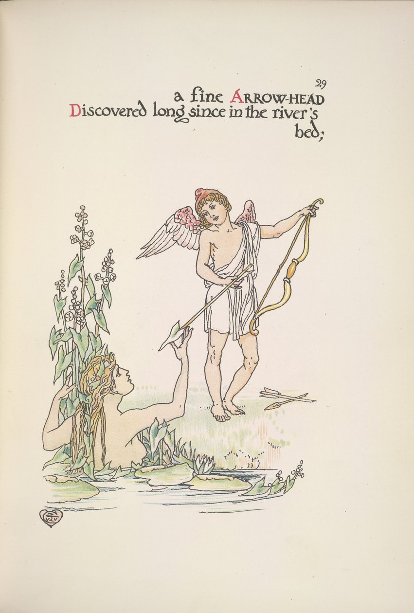 En engel, der holder en pil, og en dame i en flod eller sø af Walter Crane