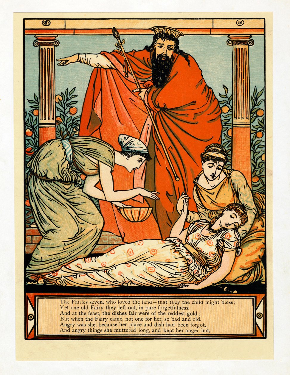 Og ned falder hun i dødslignende søvn,, fra The Blue Beard Picture Book, pub. 1879. af Walter Crane