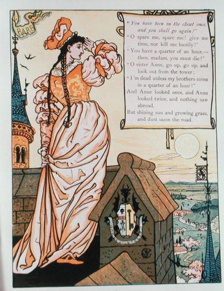 Anne ser ud fra tårnet, illustration til "Blåskæg" af Charles Perrault (1628-1703) (farvestik) af Walter Crane