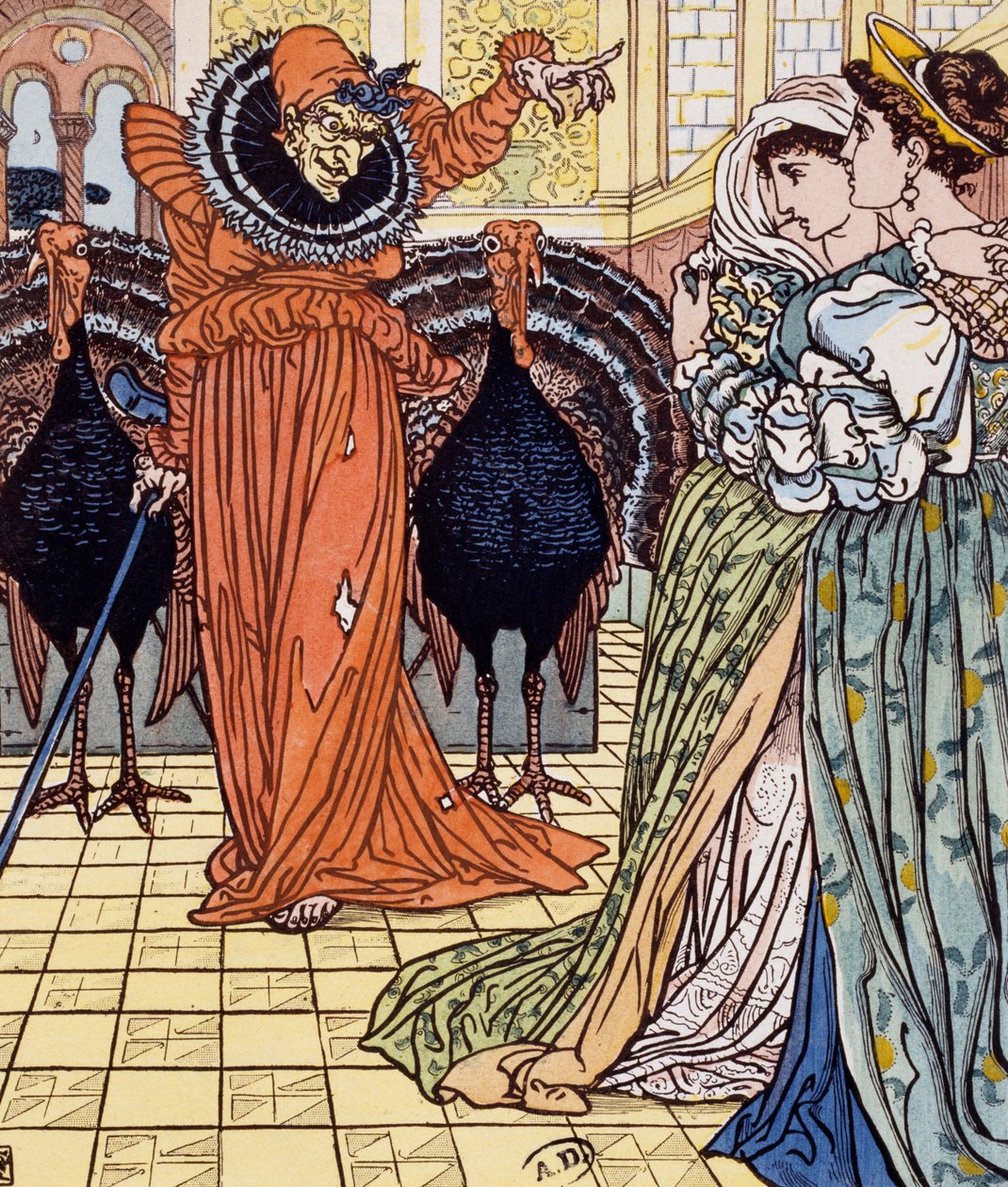 Tilsynekomst af heks ledsaget af to påfugle, gravering fra tegning af Walter Crane (1845-1915) af Walter Crane