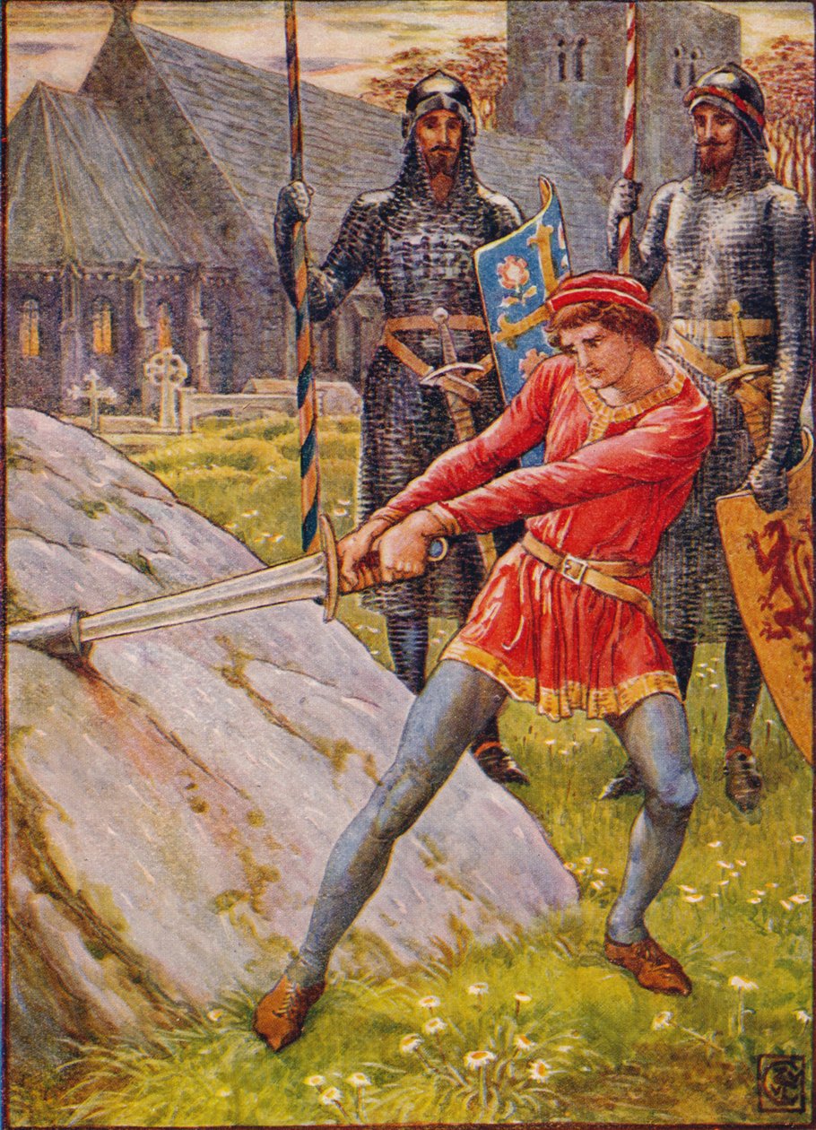 Arthur trækker sværdet fra stenen, 1911. af Walter Crane
