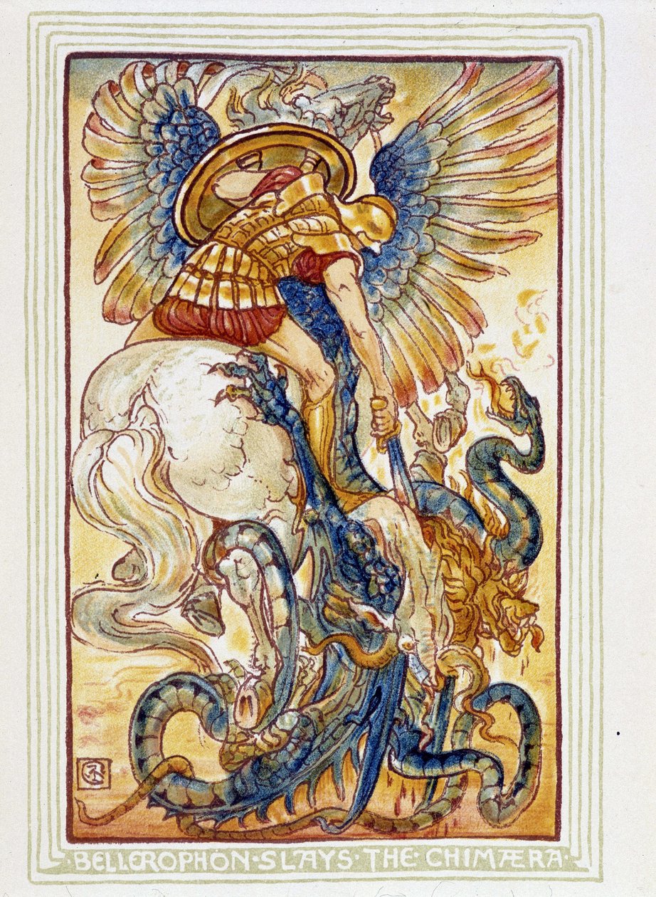 Bellerophon combat les chimeres - i "" En vidunderbog for piger og drenge"", ill. af Walter Crane af Walter Crane