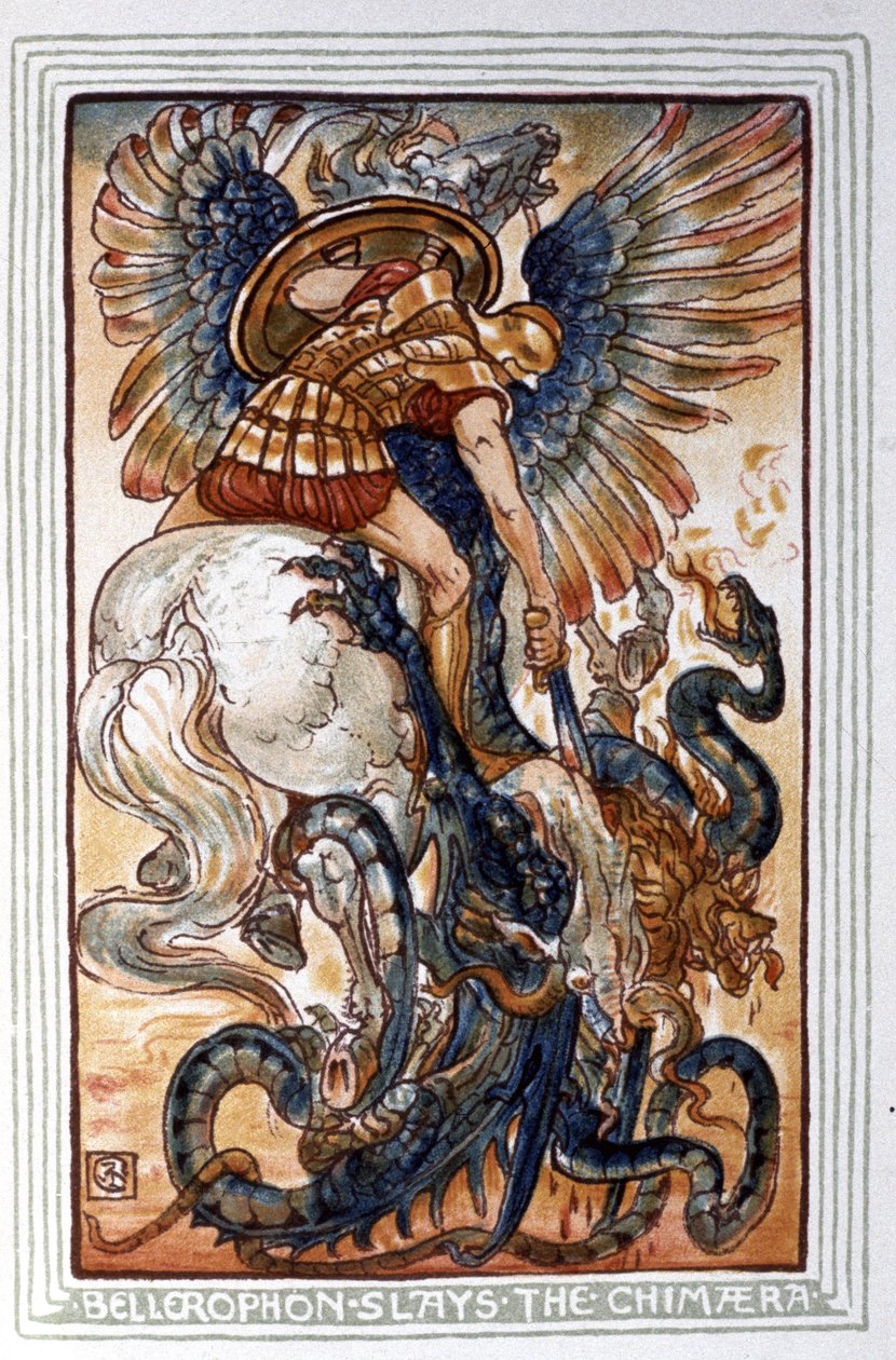 Bellerophon dræber kimærerne, ca. 1900 (illustration) af Walter Crane