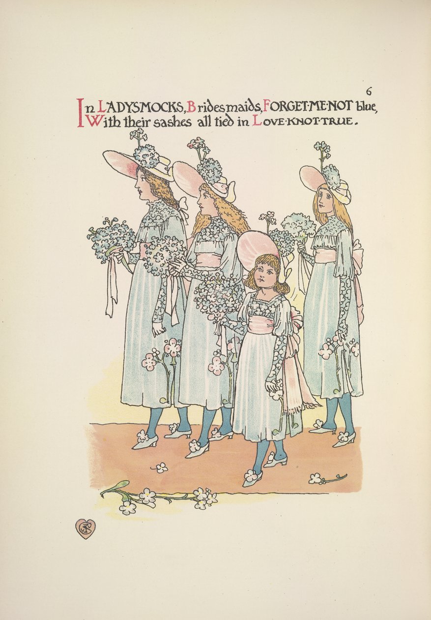 Brudepiger i forglem-mig ikke blå damesko af Walter Crane