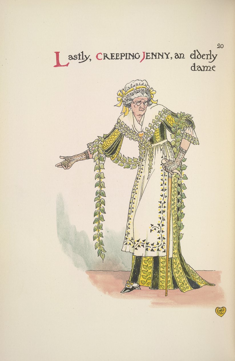 Krybende Jenny. En ældre dame, der bruger en vandrestav af Walter Crane