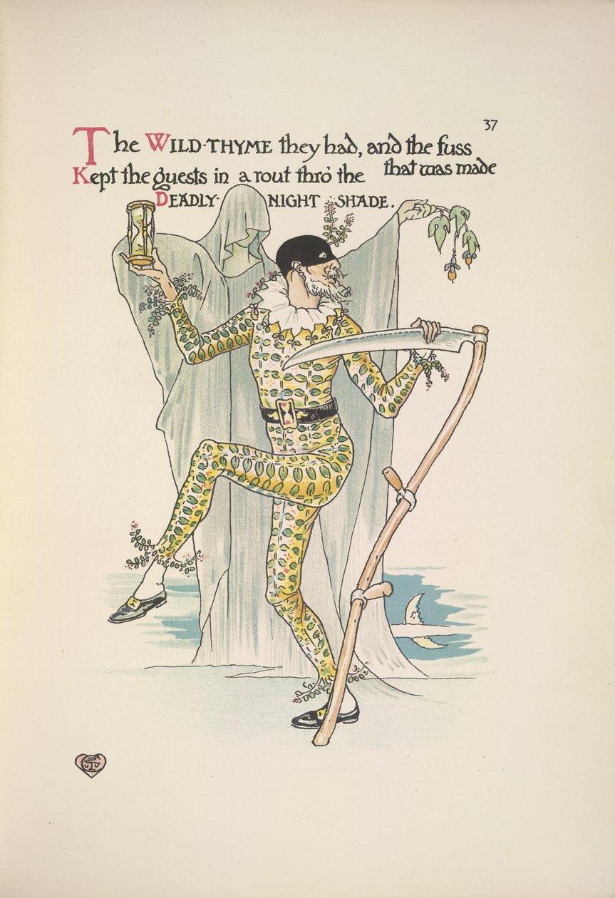 Dødelig natskygge. En mand iført en maske, et gult kostume og holder en æggeur og en le af Walter Crane
