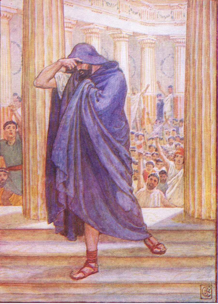Han forlod forsamlingen og skjulte sit ansigt i sin kappe, illustration fra The Story of Greece, 1930