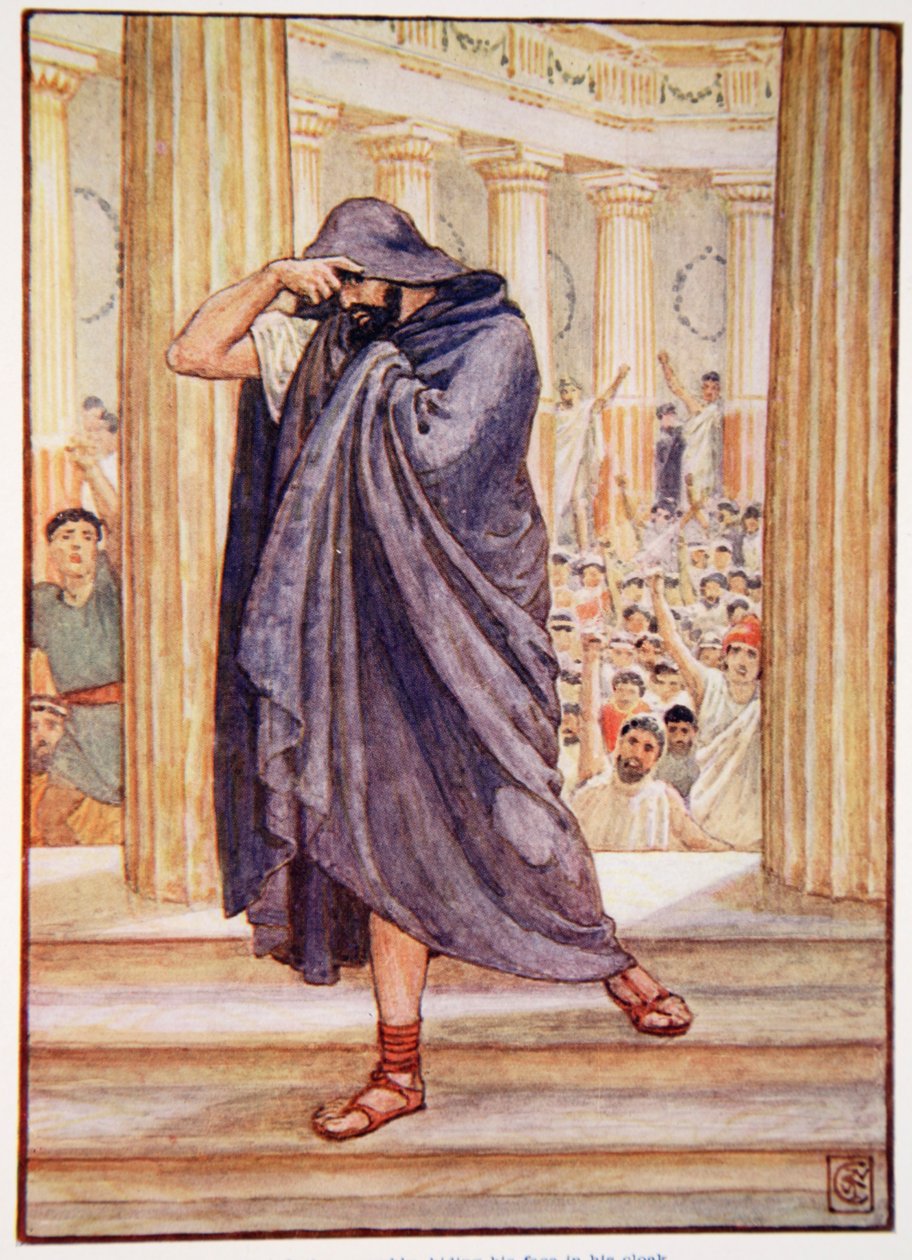 Han forlod forsamlingen og skjulte sit ansigt i sin kappe, illustration fra The Story of Greece af Mary Macgregor, 1. udgave, 1913 (farvetryk) af Walter Crane