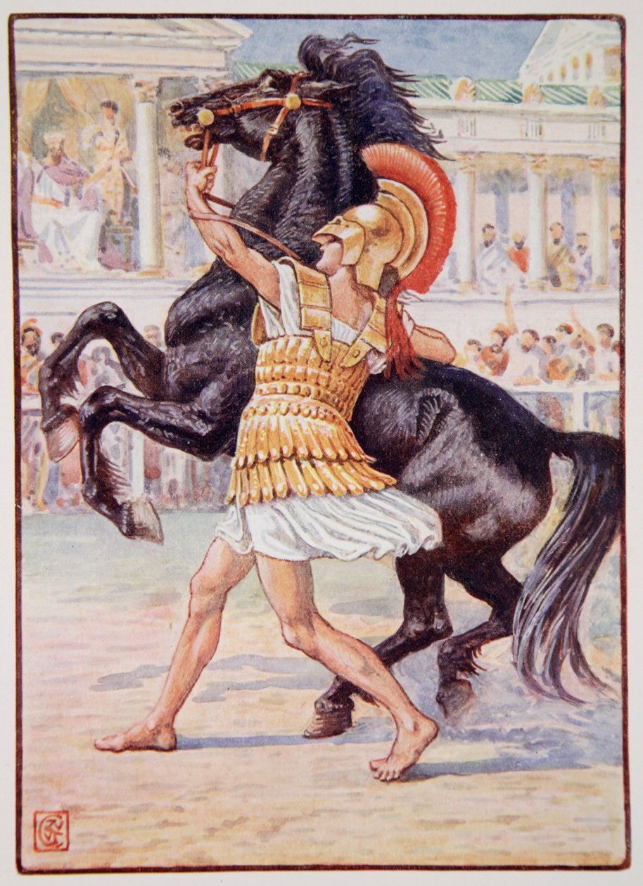 Han løb hen til hesten og greb fat i tøjlen, illustration fra "The Story of Greece" af Mary Macgregor, 1. udgave, 1913 (farveprint) af Walter Crane