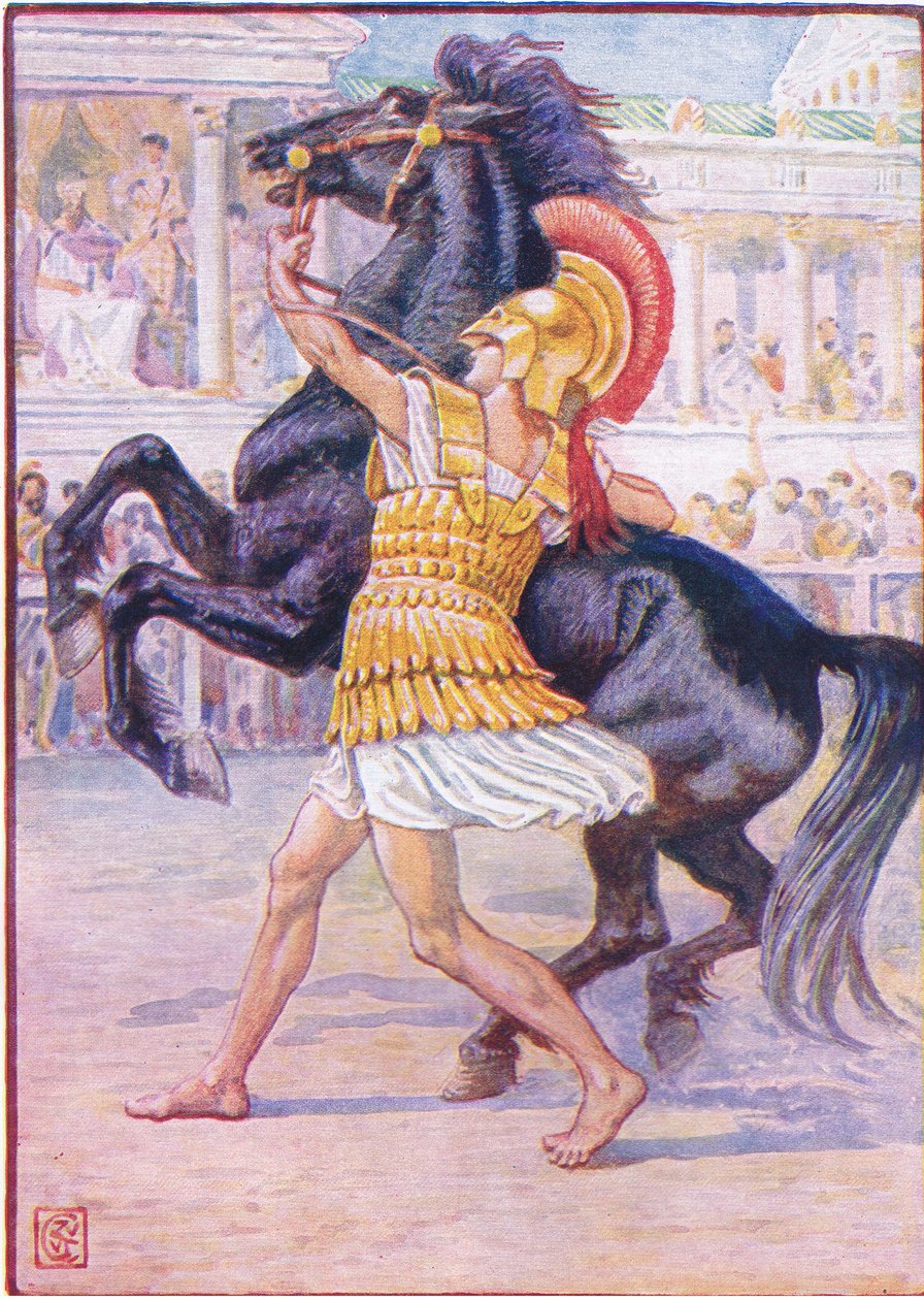 Han løb hen mod hesten og greb tøjlen, illustration fra The Story of Greece, 1930