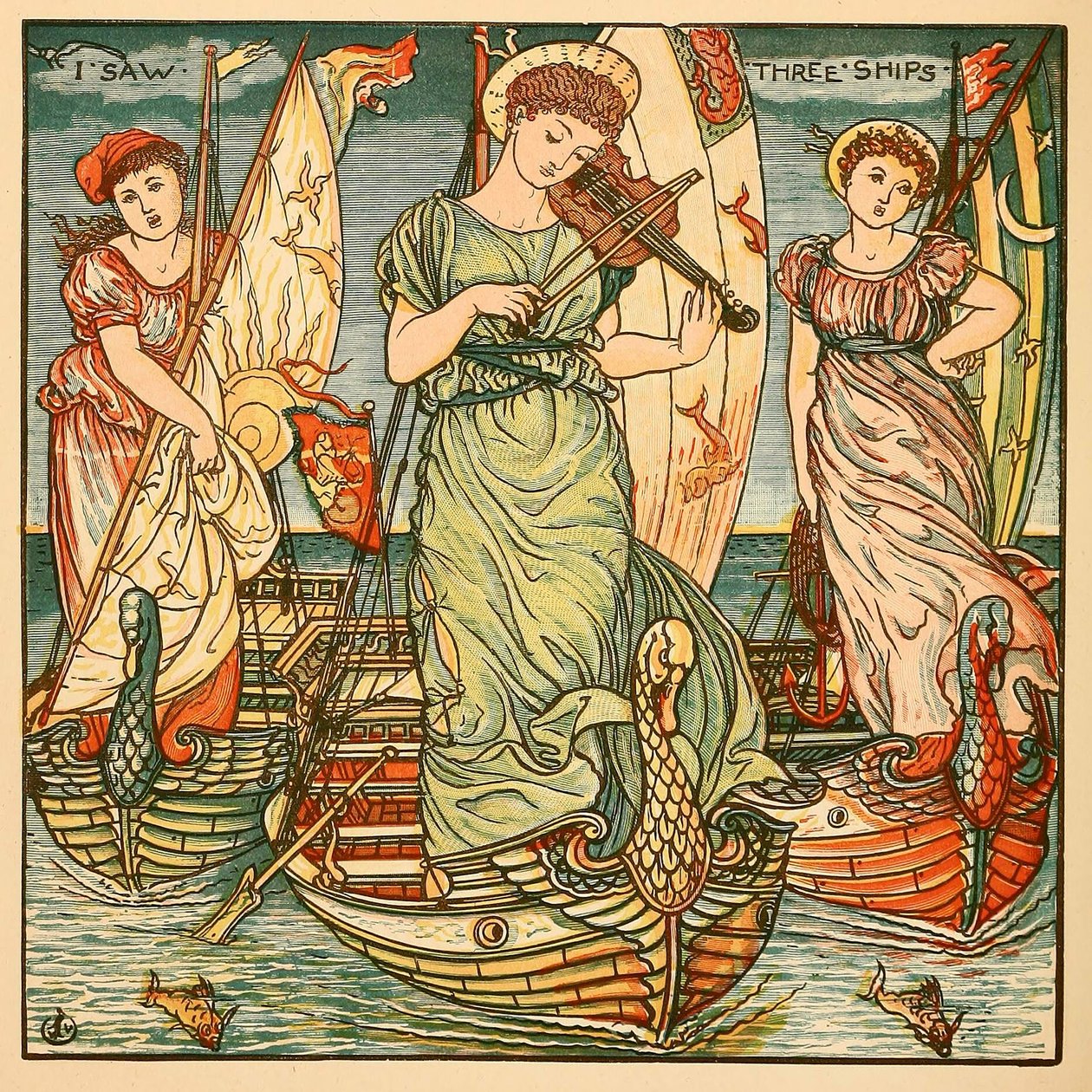 Jeg så tre skibe, fra Walter Cranes maleribog, pub. 1889 farvelitografi, 1889. af Walter Crane