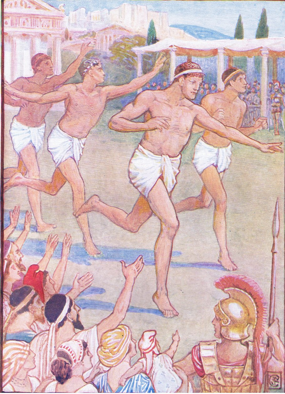 I de tidligste tider var et simpelt fodløb den eneste begivenhed, illustration fra The Story of Greece, 1930