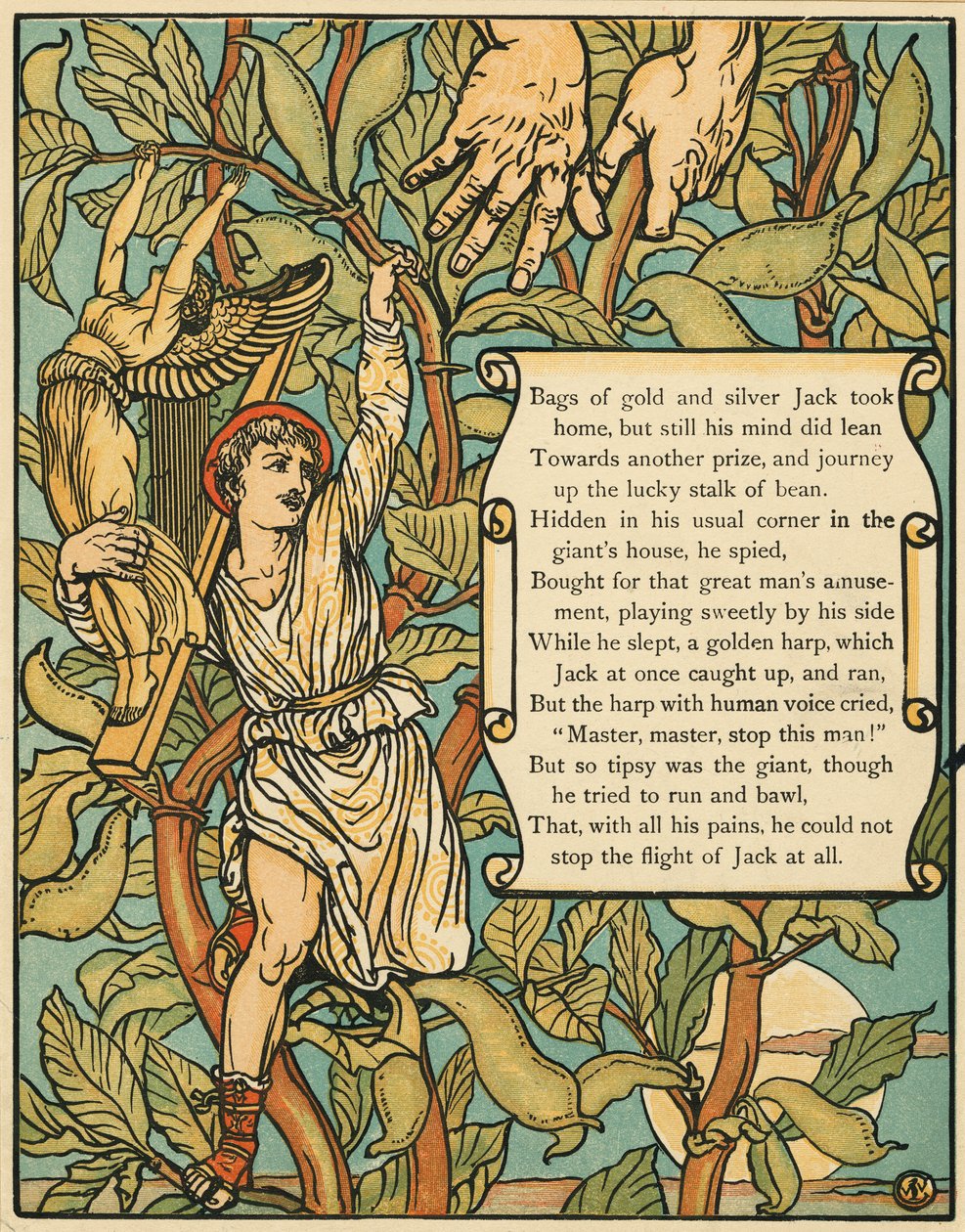 Jack, der stiger ned af Beanstalk fra Jack and the Beanstalk pub. 1875 (farve litho) af Walter Crane