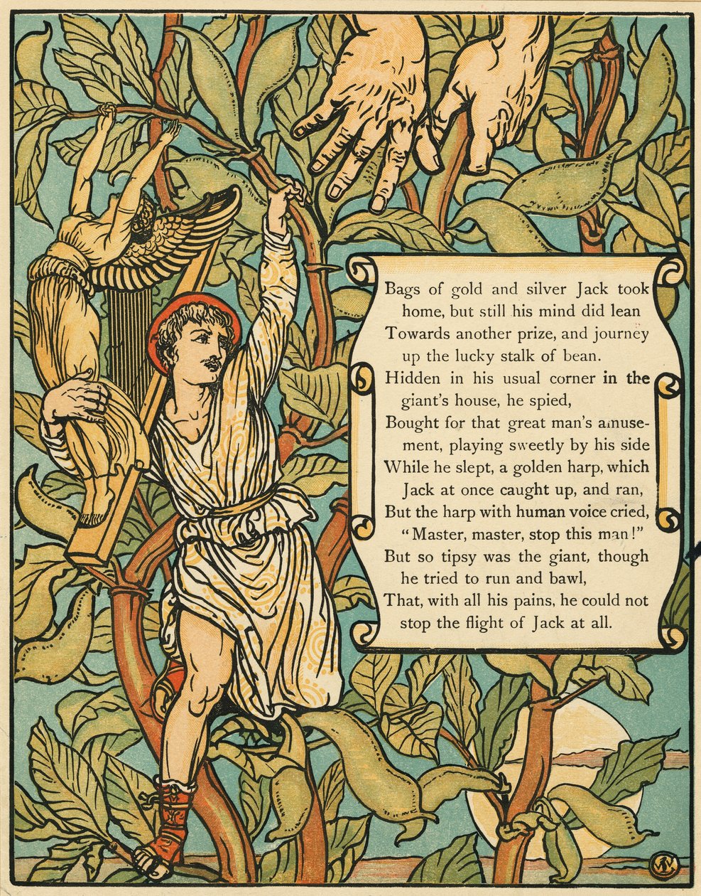 Jack, der stiger ned af Beanstalk fra Jack and the Beanstalk pub. 1875 farvelitografi, 1875. af Walter Crane