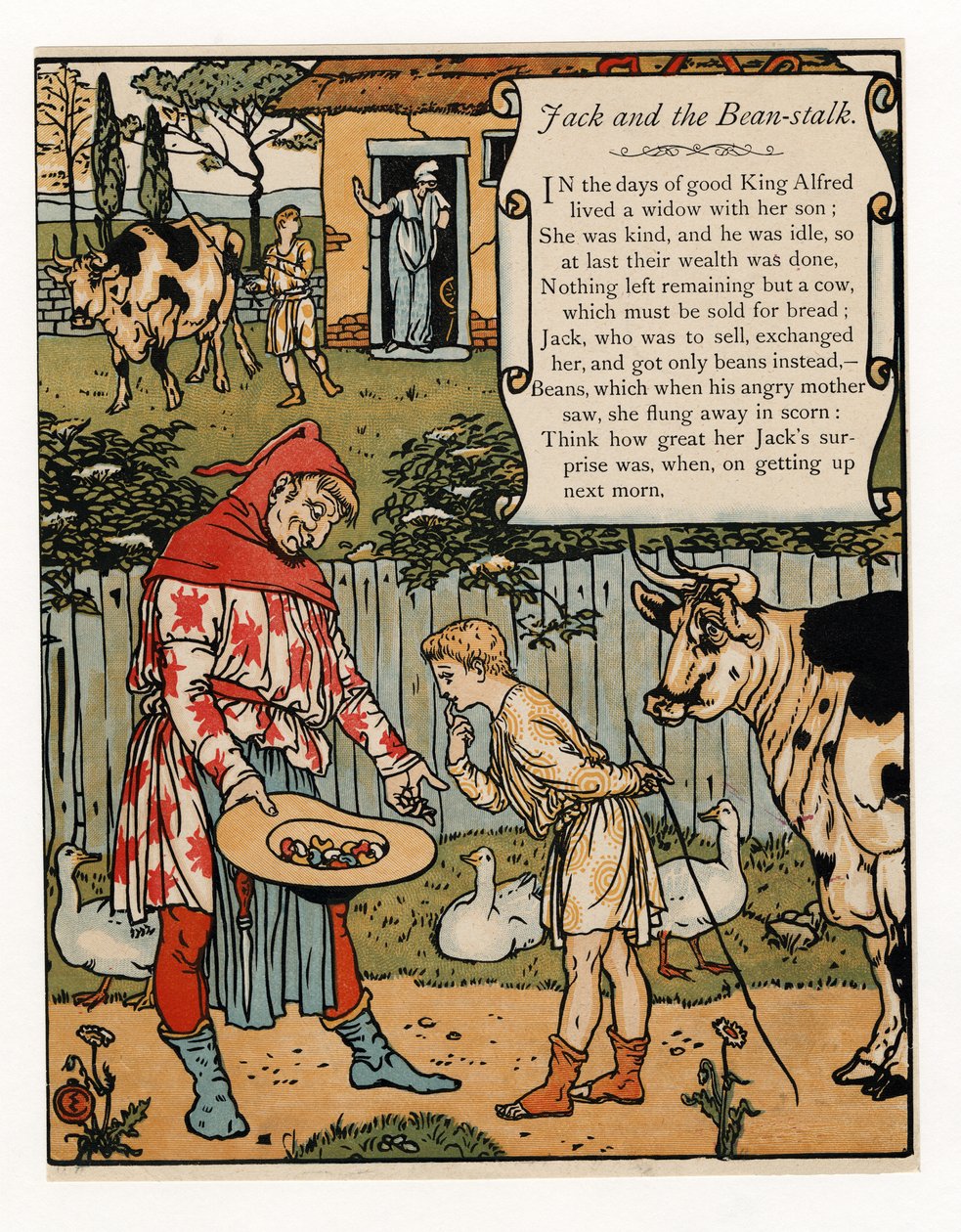 Jack sælger sin ko for bønner, fra The Blue Beard Picture Book, pub. 1879 (farve litho) af Walter Crane