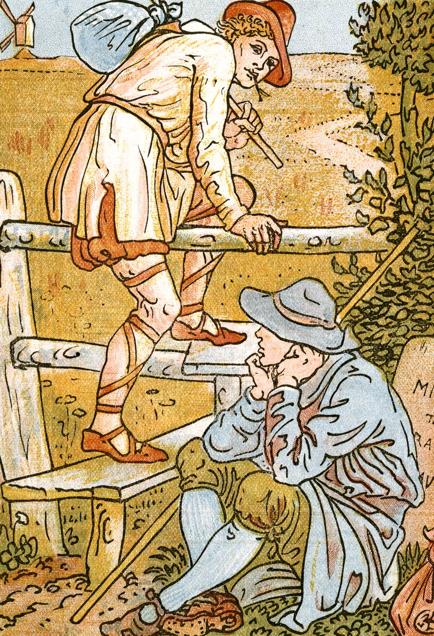 Jog On, Jog On, sangillustration fra Pan-Pipes, En bog med gamle sange, nyarrangeret og med akkompagnement af Theo. Marzials, udgivet i London af George Routledge & Sons, 1884 (de af Walter Crane
