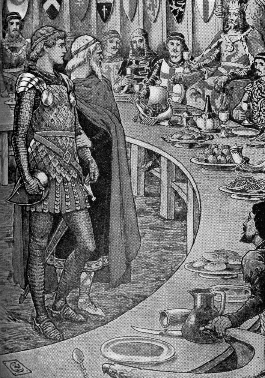 Kong Arthur - En gammel mand præsenterer Sir Galahad. af Walter Crane