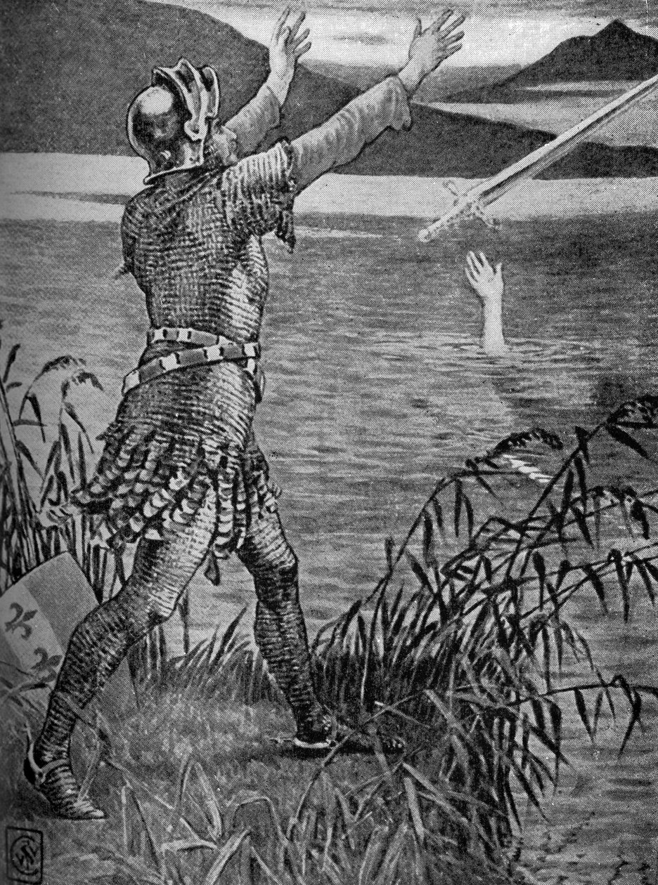 Kong Arthur- Sir Bedivere kaster Excalibur. af Walter Crane