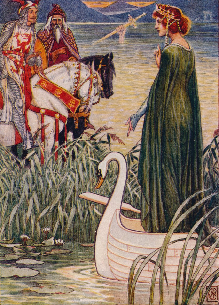 Kong Arthur beder Lady of the Lake om sværdet Excalibur, 1911. af Walter Crane