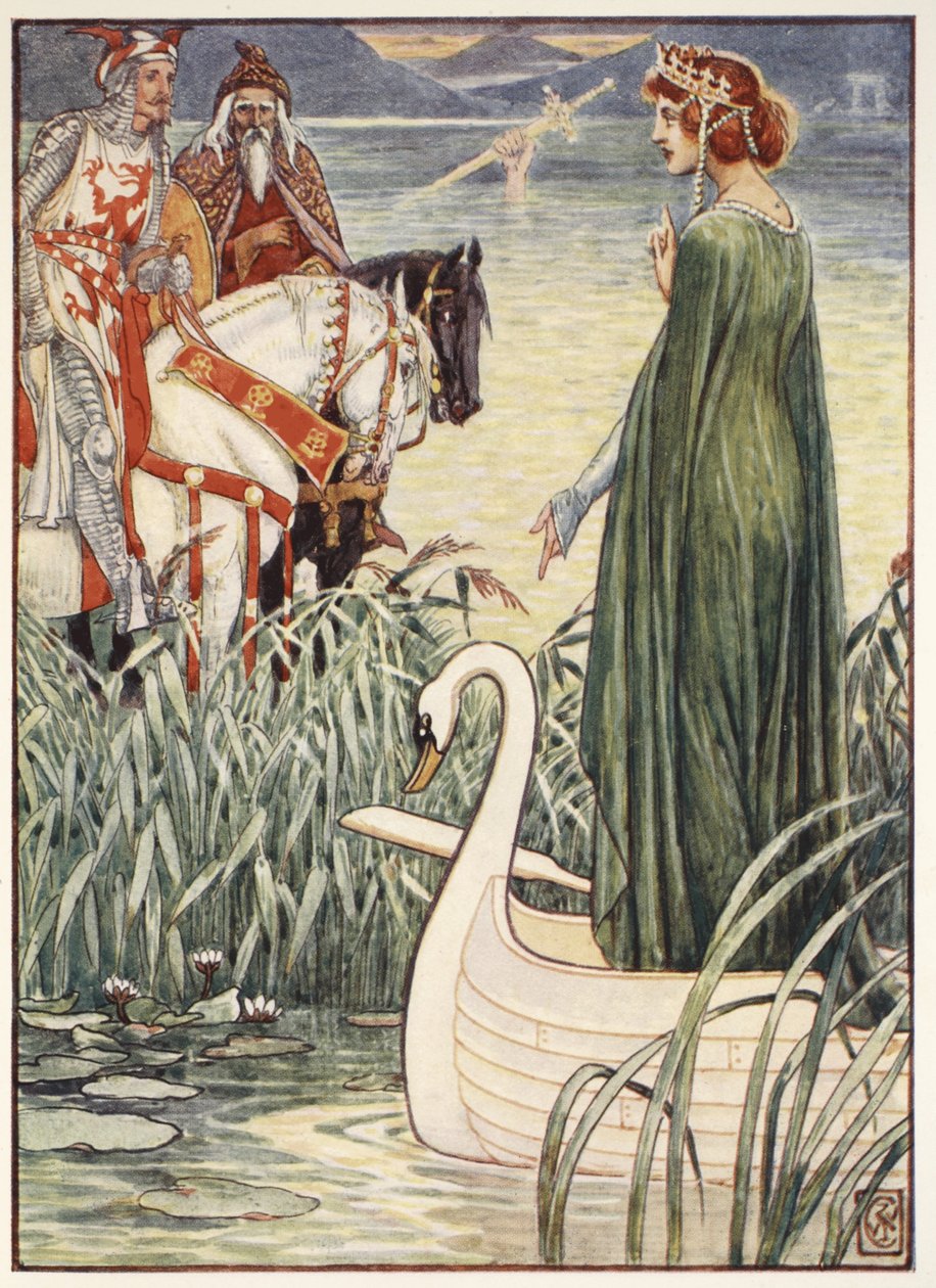 Kong Arthur beder Lady of the Lake om sværdet Excalibur, fra "Stories of the Knights of the Round Table" af Henry Gilbert, første udgave, 1911 af Walter Crane