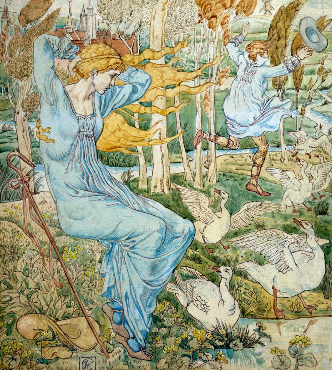 "En ung mand forsøger at indhente sin hat, som er fløjet af sted i vinden. En gåsesitter holder øje med ham. Illustration af Walter Crane (1845-1915) Privat samling af Walter Crane