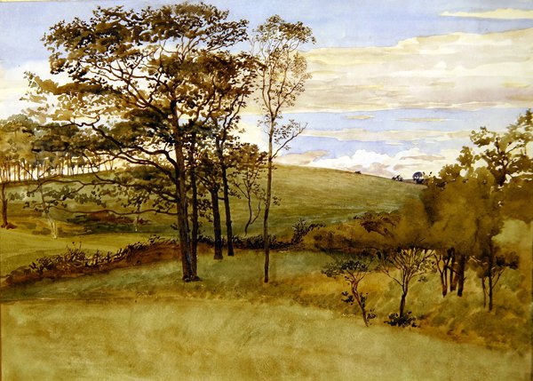 Sensommerlandskab (akvarel på papir) af Walter Crane