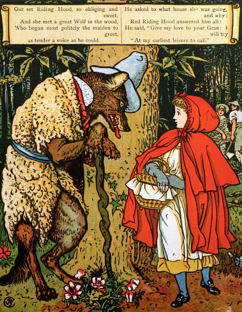 "Rødhætte", ulven, der antrænger hende i skoven af Walter Crane