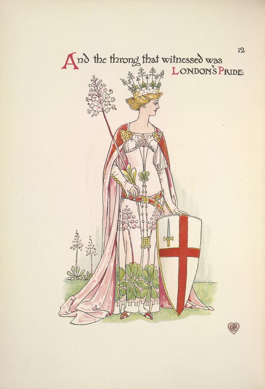 Londons stolthed. En ung kvinde, der holder et skjold med korset af St. George af Walter Crane