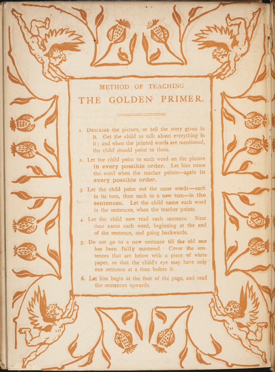 Metode til at undervise i Golden Primer. Blomstergrænser med kerubs. af Walter Crane