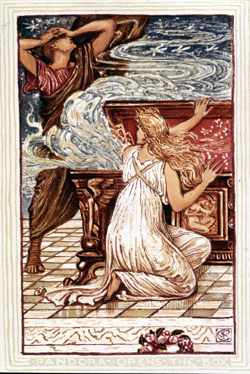 Pandora åbner æsken. Illustration af Walter Crane til "Wonder book for girls and boys", London 1893. af Walter Crane