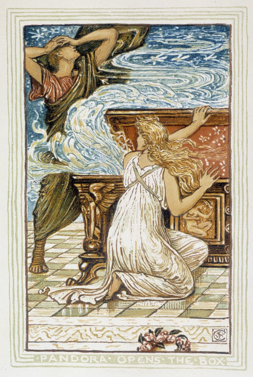 Pandora åbner æsken - i "" En vidunderbog for piger og drenge: hawthorne" af Walter Crane. 1895 af Walter Crane