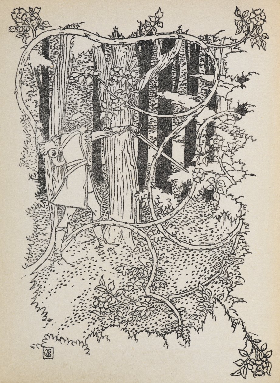 Prince Charming skærer sig vej gennem den tilgroede skov til Tornerose. af Walter Crane