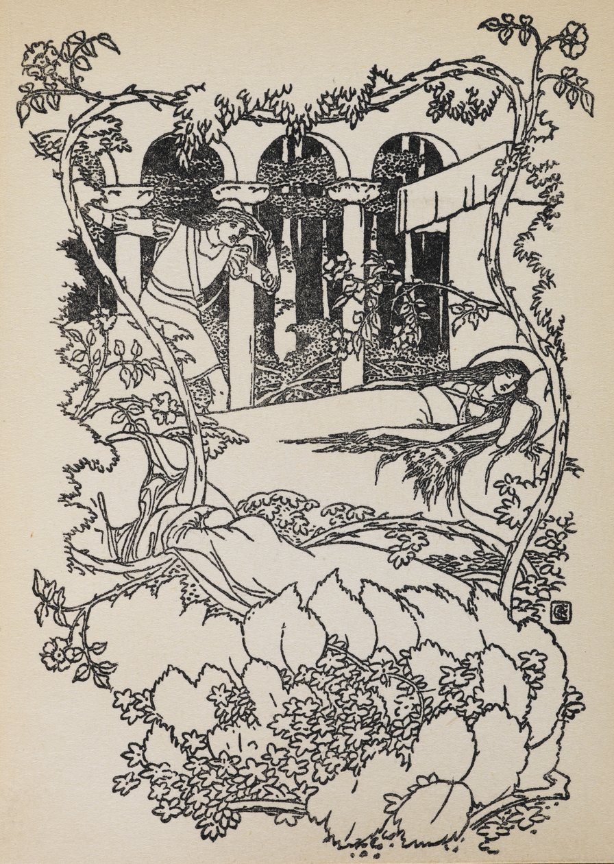 Prince Charming finder Tornerose sovende i en bygning, der er tilgroet med torne. af Walter Crane