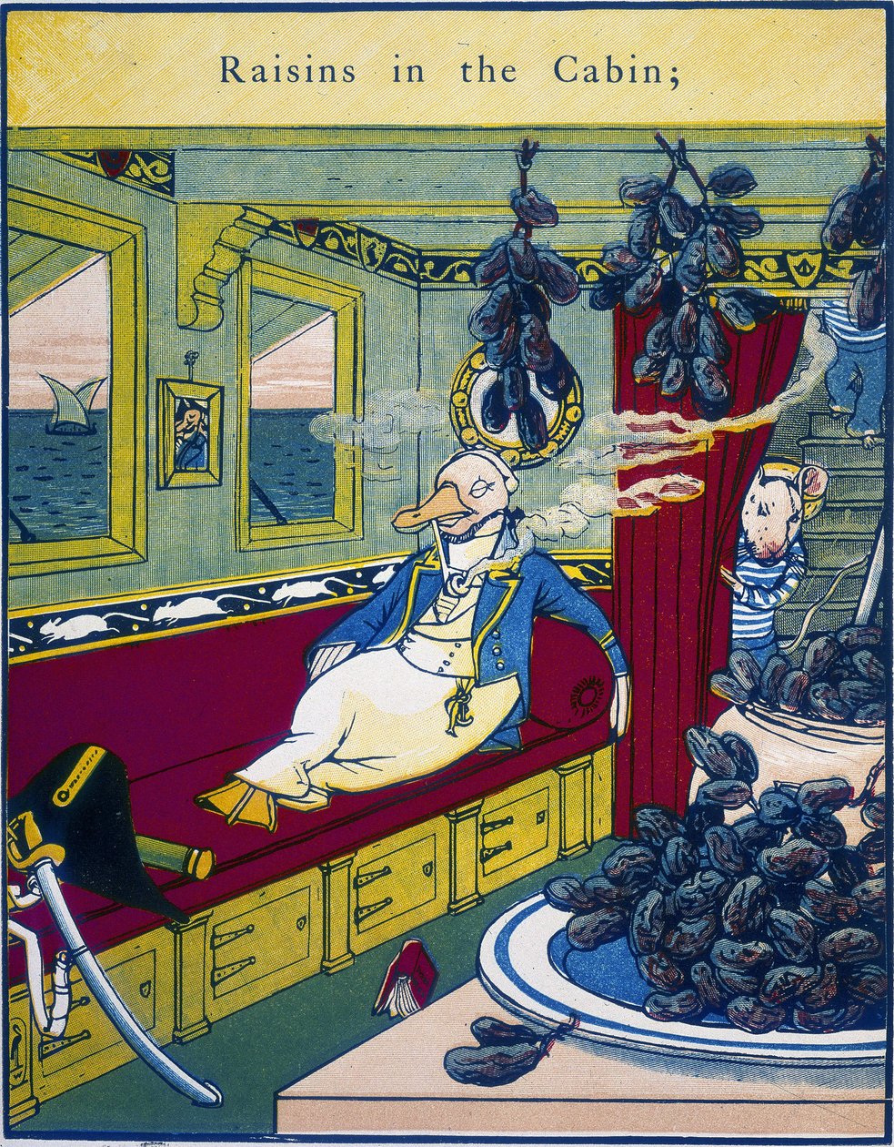 ""Druer i kahytten"", scene i en skibs kahyt med en klase vindruer i forgrunden - i ""Routledges farvede billedbog"", indeholdende ""The Grizzly Bear King"", ""The magic boat", ""Rumpelstiltskin"", og ""Puffys eventyr"", af Walter Crane