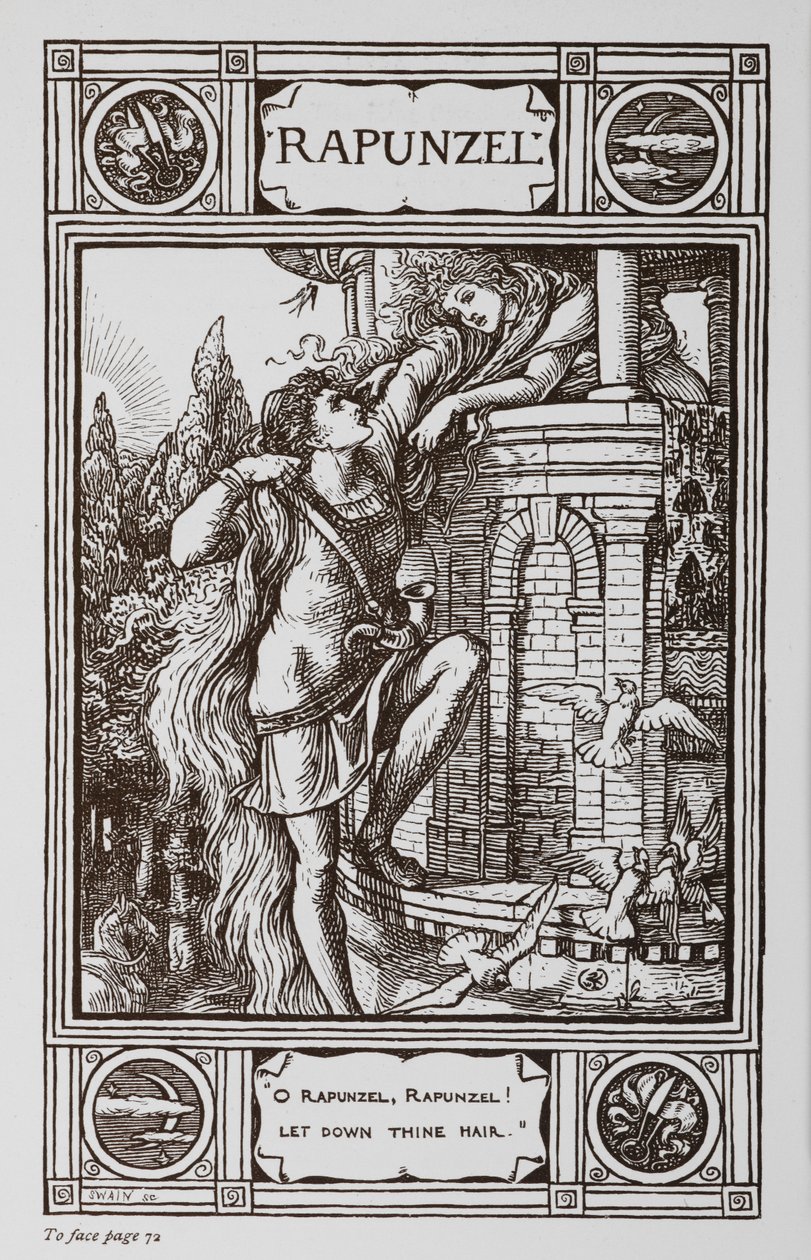 Rapunzel læner sig ud af vinduet i et tårn, mens en prins klatrer op i hendes hår. af Walter Crane