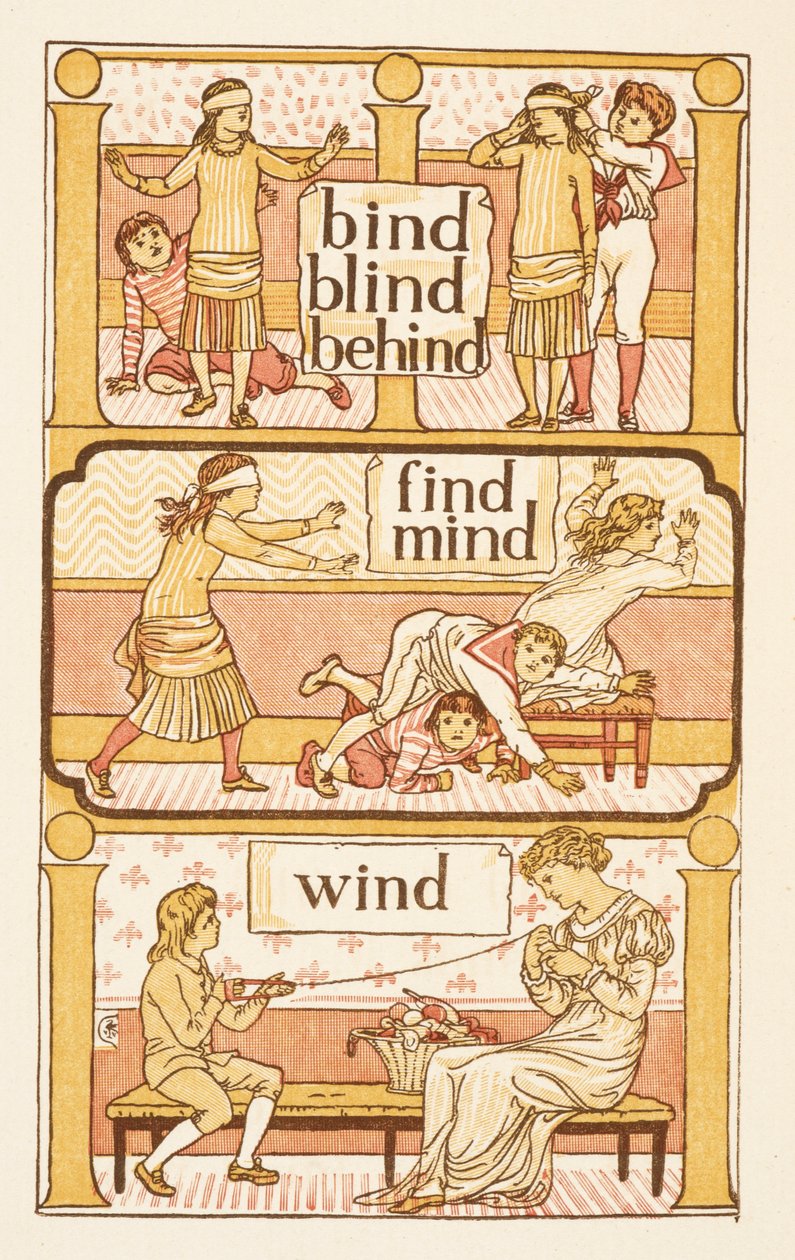Rimende ord, der ender på bogstavet D. En omgang blind mands buff. For at illustrere brugen af bogstavet i. Den gyldne primer. af Walter Crane
