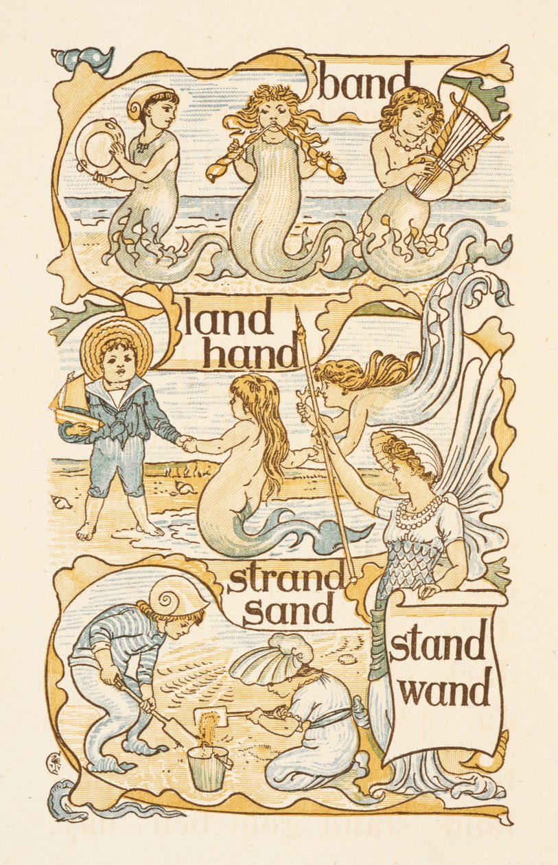 Rimende ord, der ender på bogstavet D. Havfruer. Børn bygger sandslotte på en strand. Den gyldne primer. af Walter Crane