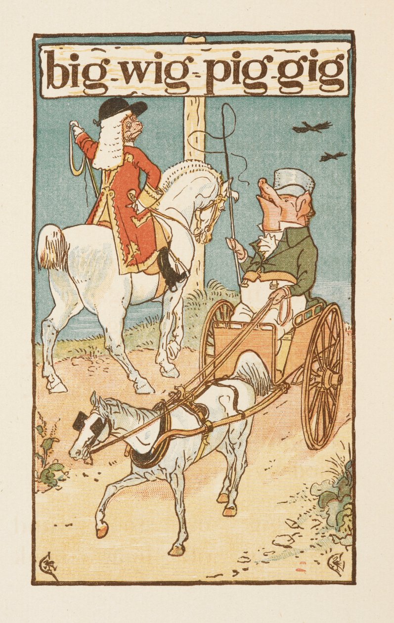 Rimende ord, der ender på bogstavet G. En illustration, der viser en gris, der rider på en hest, og en anden kører på en vogn. Den gyldne primer. af Walter Crane
