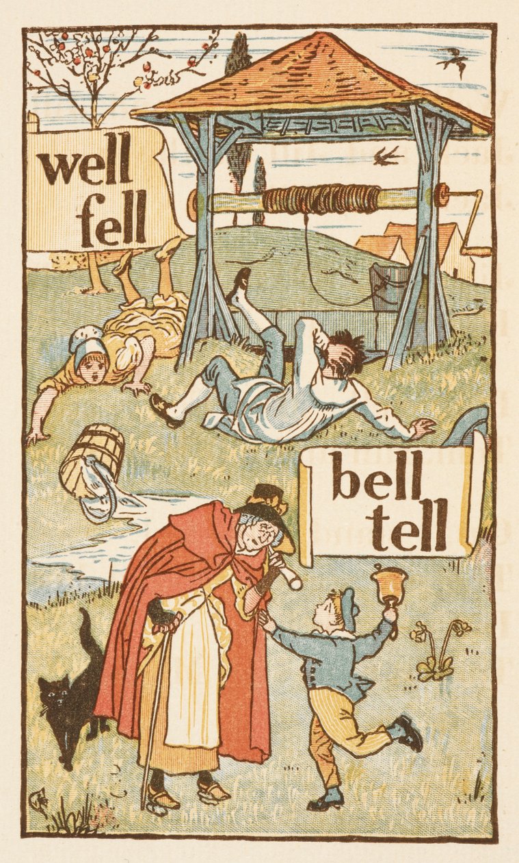 Rimende ord, der ender på bogstavet L. En dreng med en klokke. En gammel kvinde og hendes kat. Den gyldne primer. af Walter Crane