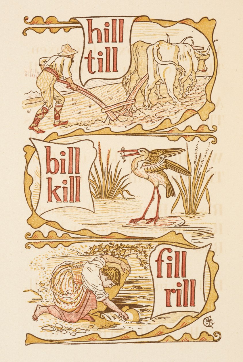 Rimende ord, der ender på bogstavet L. Pløjning. En stork. Den gyldne primer. af Walter Crane