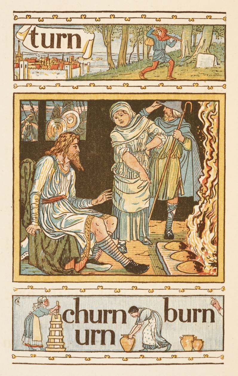 Rimende ord, der ender på bogstavet N. En illustration, der viser muligvis kong Alfred og de brændende kager. Den gyldne primer. af Walter Crane