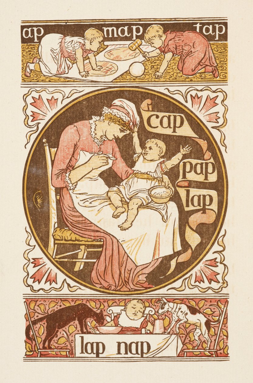 Rimende ord, der slutter på bogstavet P. En illustration, der viser en kvinde, der fodrer et barn. Den gyldne primer. af Walter Crane