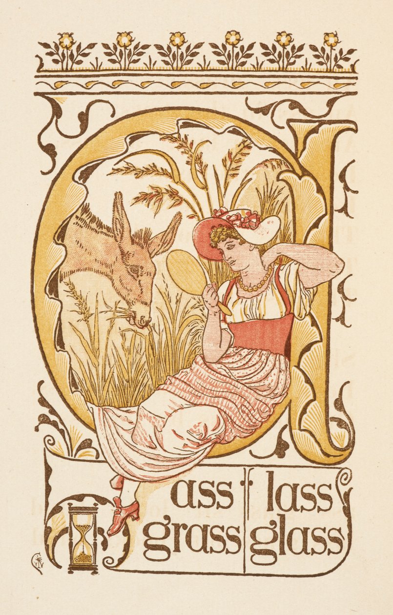 Rimende ord, der ender på bogstavet S. En kvinde, der holder et ansigtsspejl. Den gyldne primer. af Walter Crane