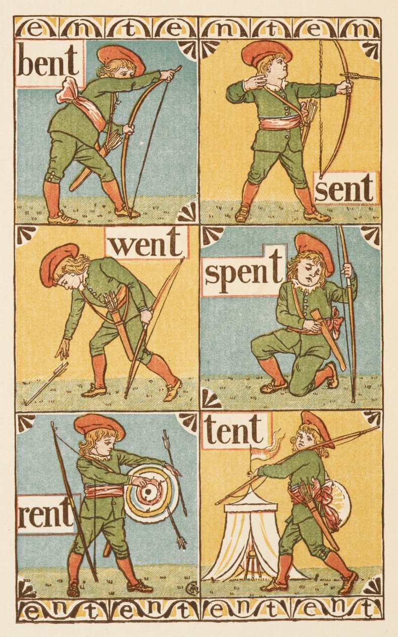 Rimende ord, der ender på bogstavet T. En dreng med bue og pil. Den gyldne primer. af Walter Crane